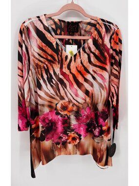 French Bleu V-Neck Long Sleeve Animal Print Floral Tunic Top With Rhinestones L